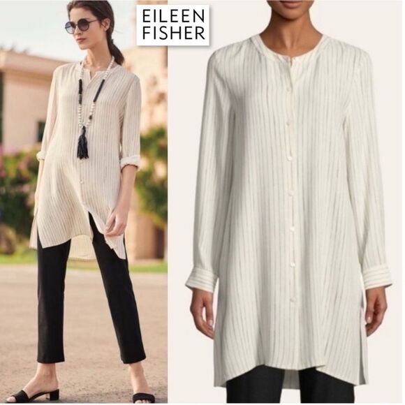 Eileen Fisher Pin Stripe Silk Georgette Crepe Print Long Tunic Shirt Blouse 1X - Picture 2 of 12
